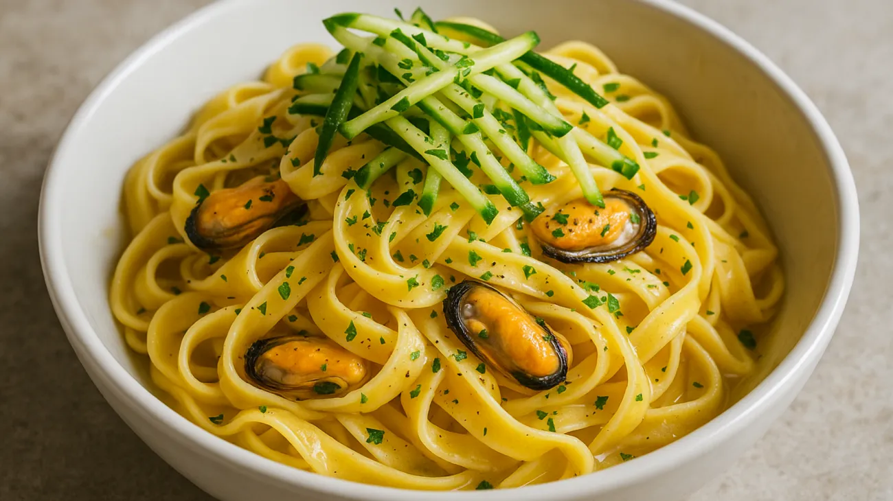 Tagliatelle cozze zucchine croccanti"