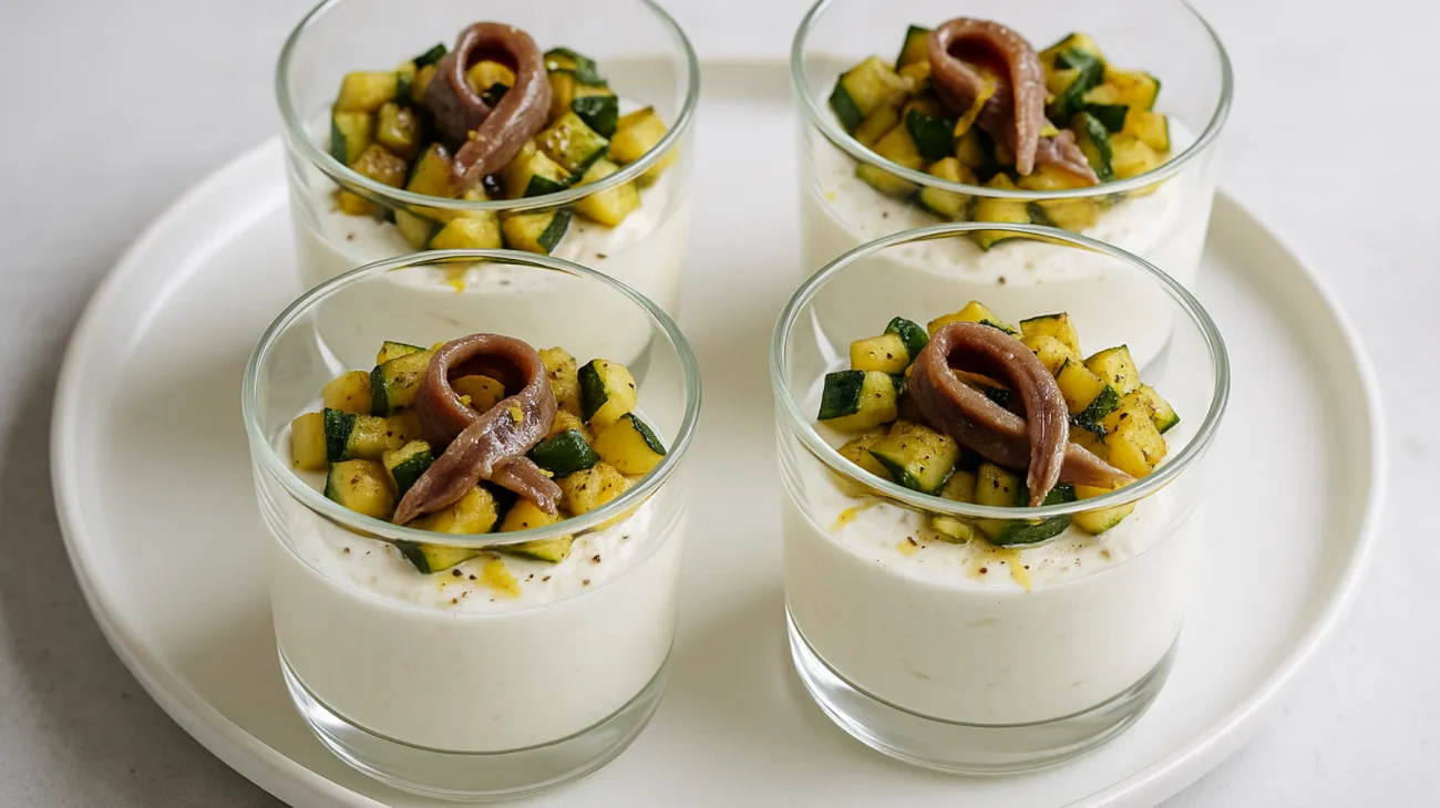 spuma di ricotta acciughe zucchine croccanti"